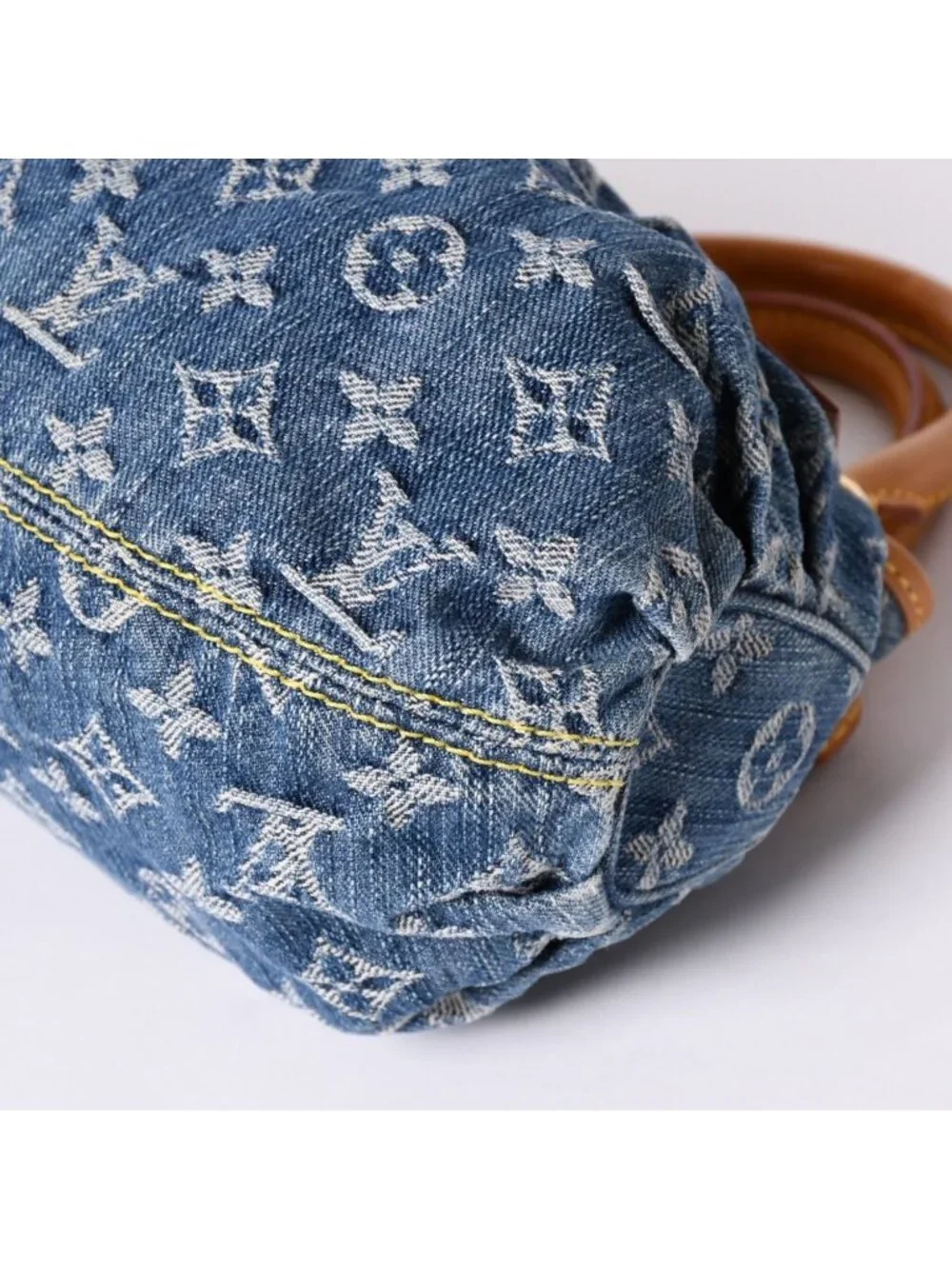 Louis Vuitton Pleaty Handbag Monogram Denim Leather Blue Gold